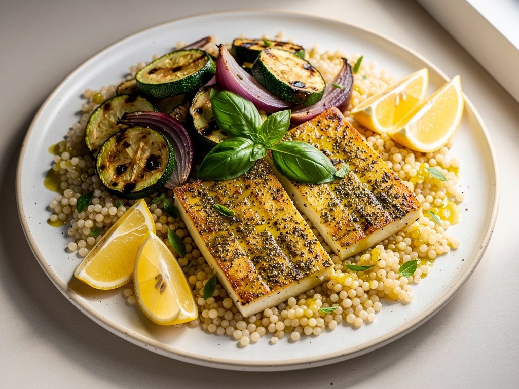 Za'atar-Crusted Grilling Cheese with Sumac Roasted Veggies and Couscous
