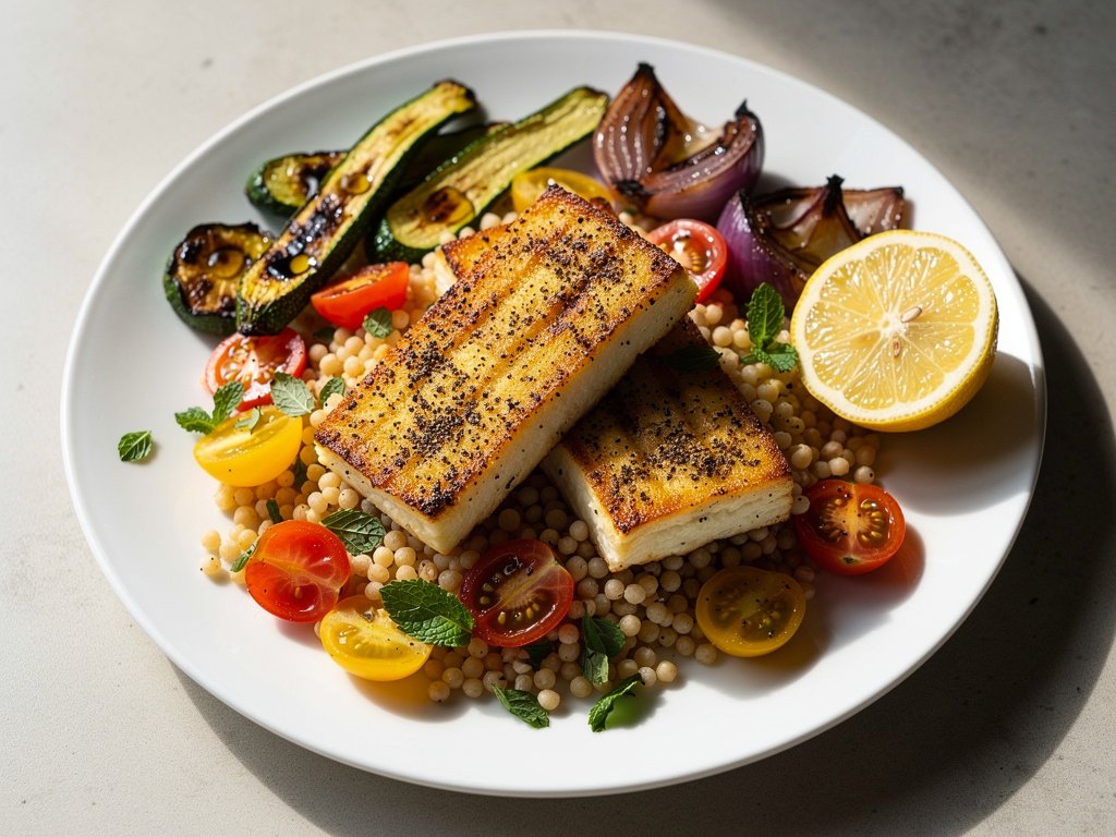 Za'atar-Crusted Grilling Cheese with Sumac Roasted Veggies and Couscous