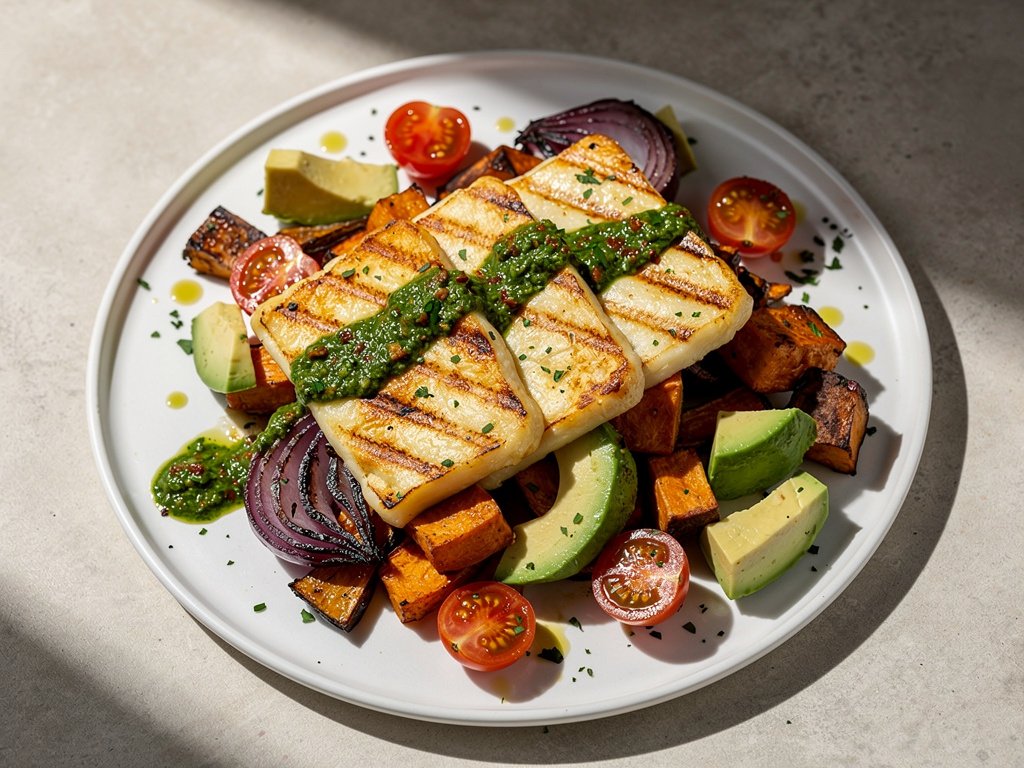 Za'atar Grilling Cheese with Roasted Veggies and Cilantro Chimichurri