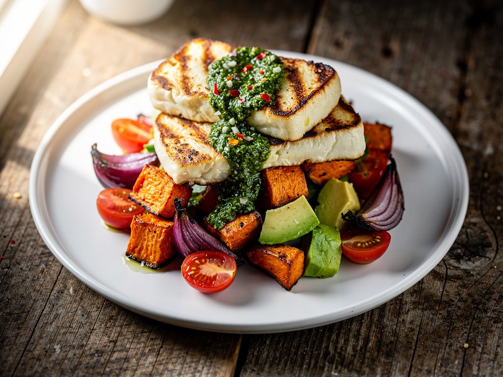 Za'atar Grilling Cheese with Roasted Veggies and Cilantro Chimichurri