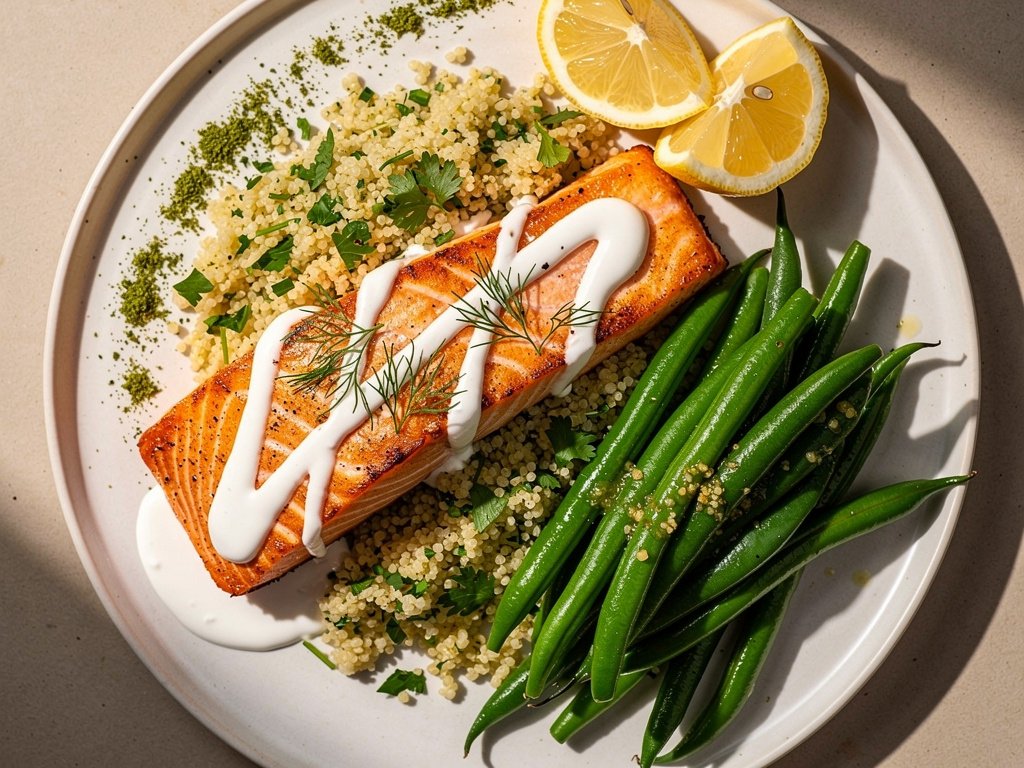 Za'atar Salmon with Creamy Dill Sauce and Green Beans