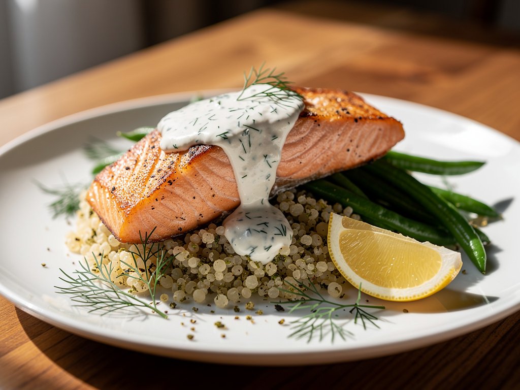 Za'atar Salmon with Creamy Dill Sauce and Green Beans