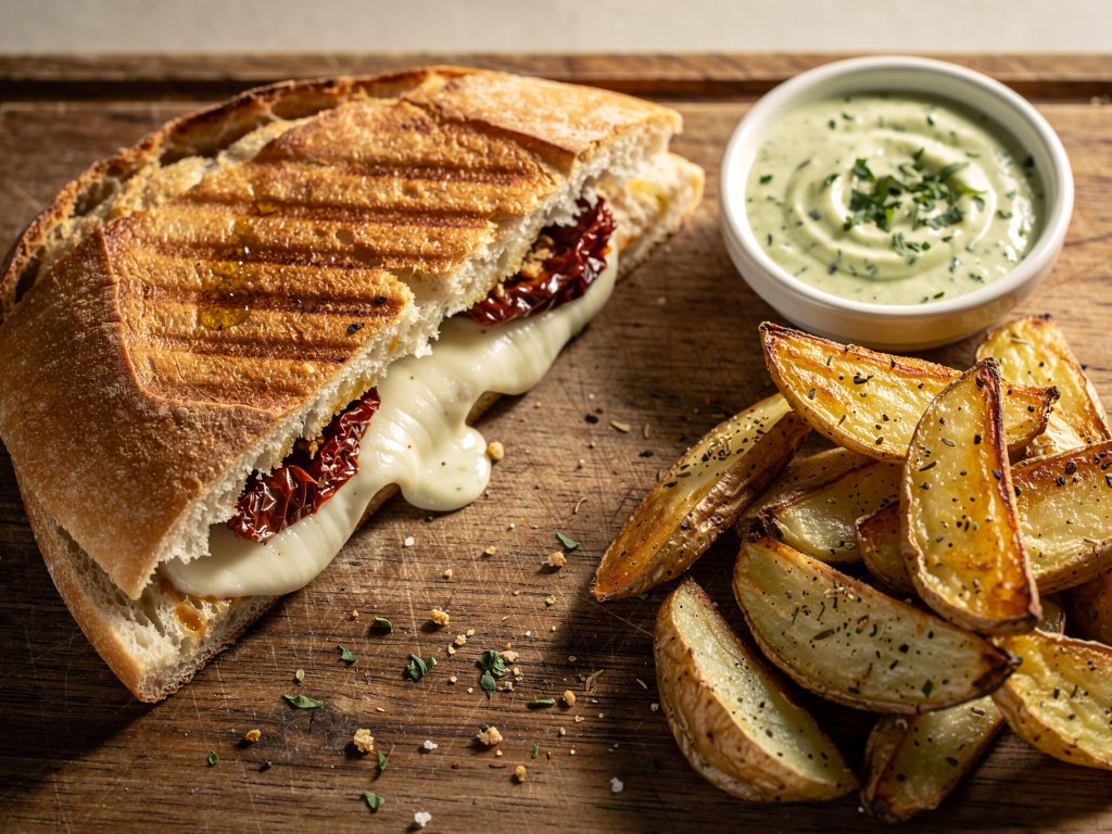 Crispy Zucchini Mozzarella Panini with Sun-Dried Tomatoes and Herb Sauce
