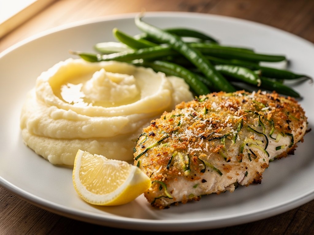 Zucchini Parmesan Crusted Chicken with Mashed Potatoes and Green Beans