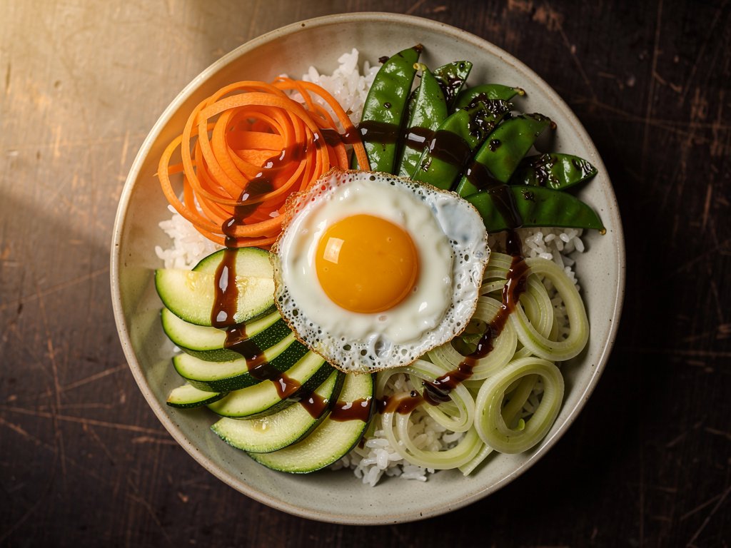 Zucchini and Snap Pea Bibimbap Bowls with Sweet Sesame Sauce and Fried Egg