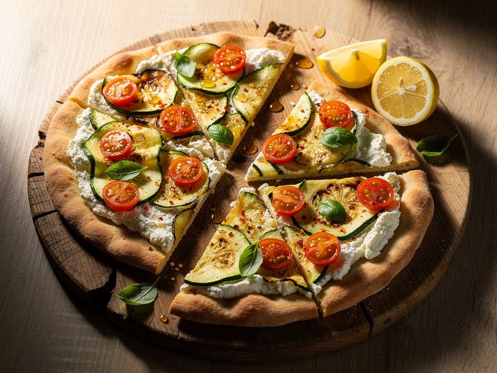 Zucchini Tomato Flatbreads with Lemon Ricotta and Honey