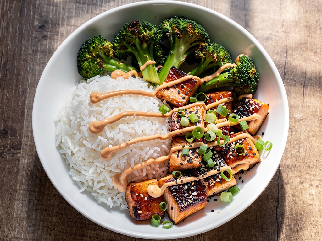 Air-Fried Sweet Soy Salmon Bowls with Broccoli and Spicy Mayo