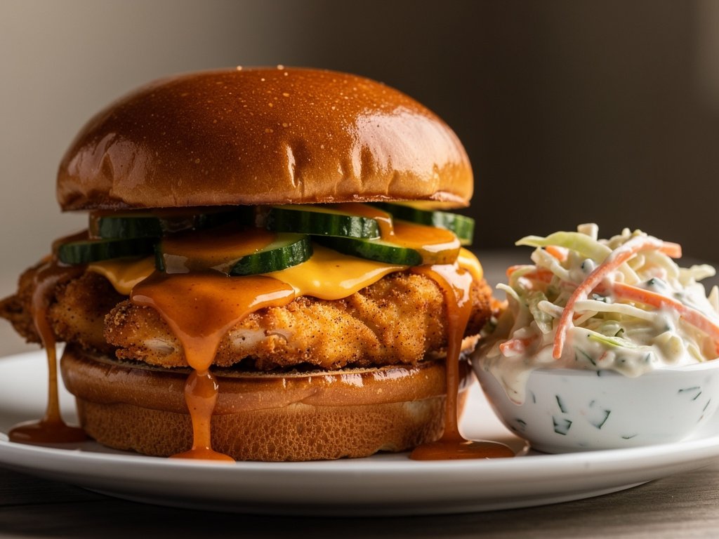 Crispy Air Fryer Cajun Chicken Sandwiches with Hot Honey Mayo and Ranch Slaw
