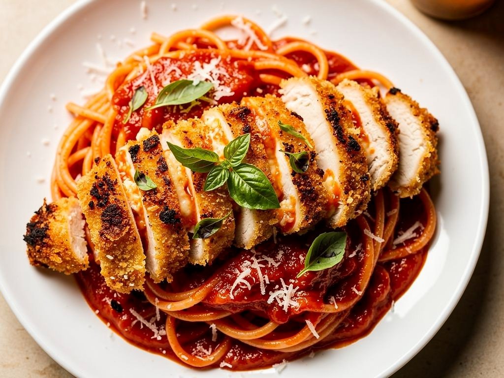 Air Fryer Chicken Parmesan with Spaghetti and Marinara