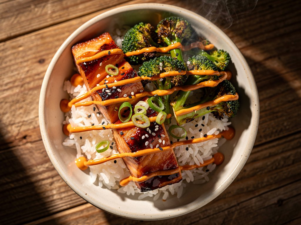 Air Fryer Salmon Bowls with Sweet Soy Glaze and Spicy Mayo