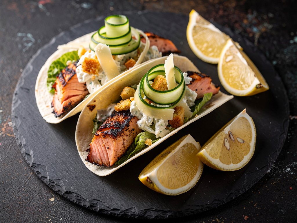 Crispy Air Fryer Salmon Tacos with Caesar Salad and Cucumber