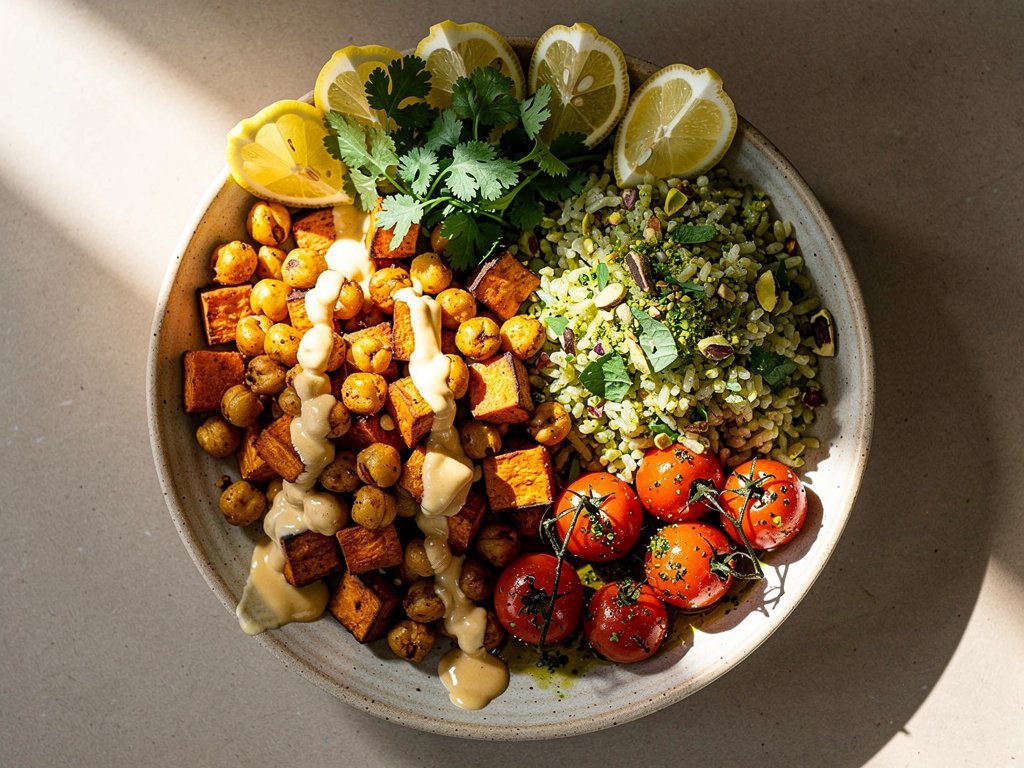 Crispy Air Fryer Shawarma Chickpea and Sweet Potato Bowls with Pistachio Cilantro Rice