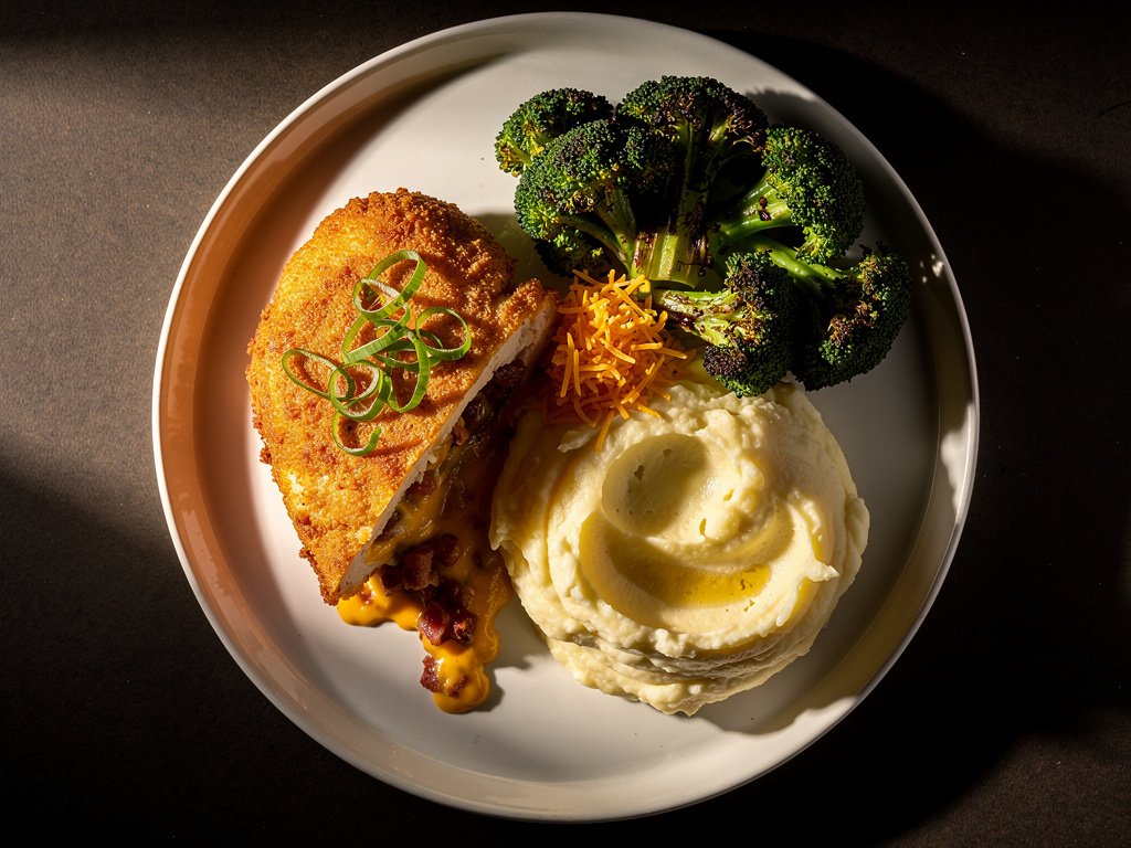 Bacon Cheddar Stuffed Chicken with Creamy Mashed Potatoes and Roasted Broccoli