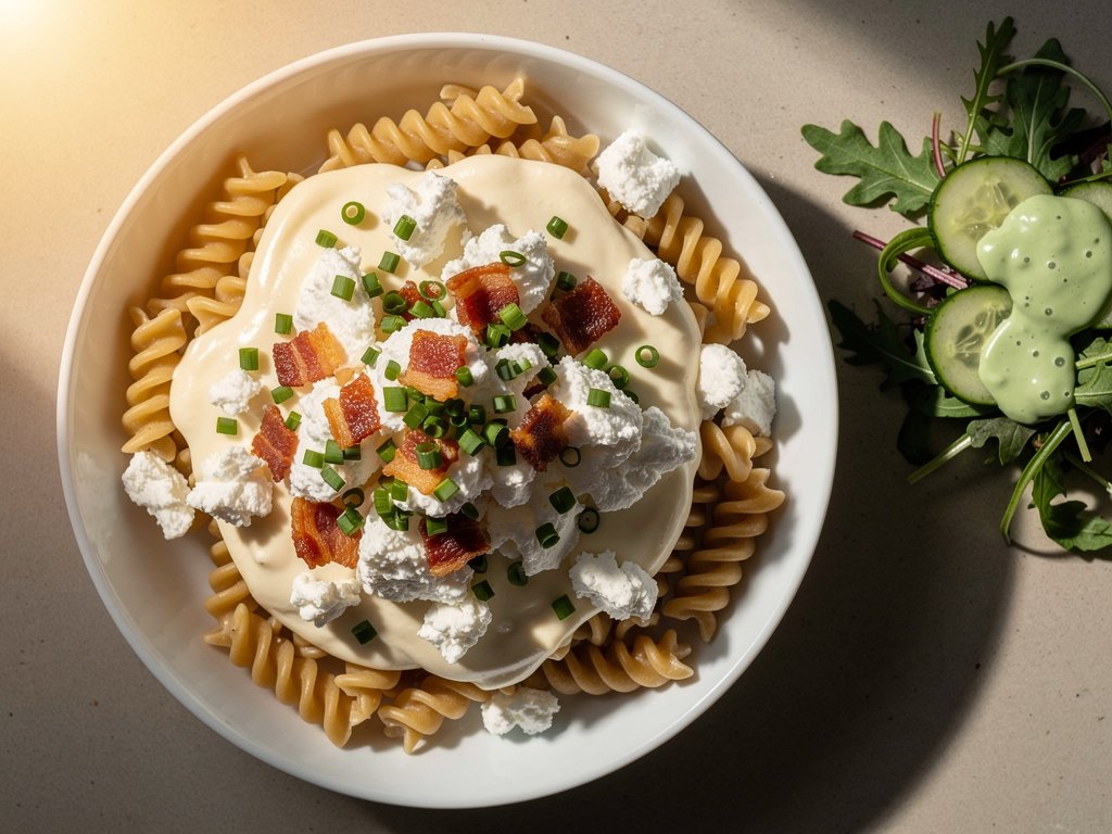 Bacon Goat Cheese Gluten-Free Fusilli with Caramelized Onion and Green Goddess Salad