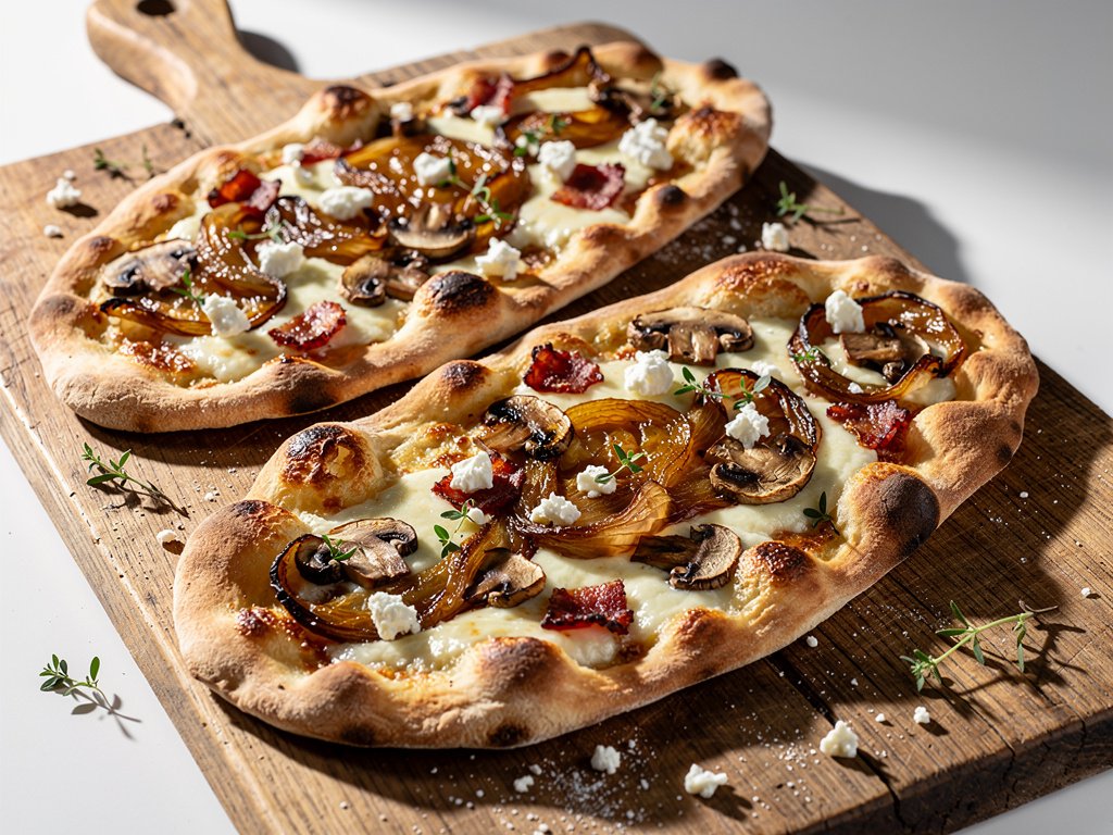 Bacon, Mushroom & Caramelized Onion Flatbreads with Feta and Thyme