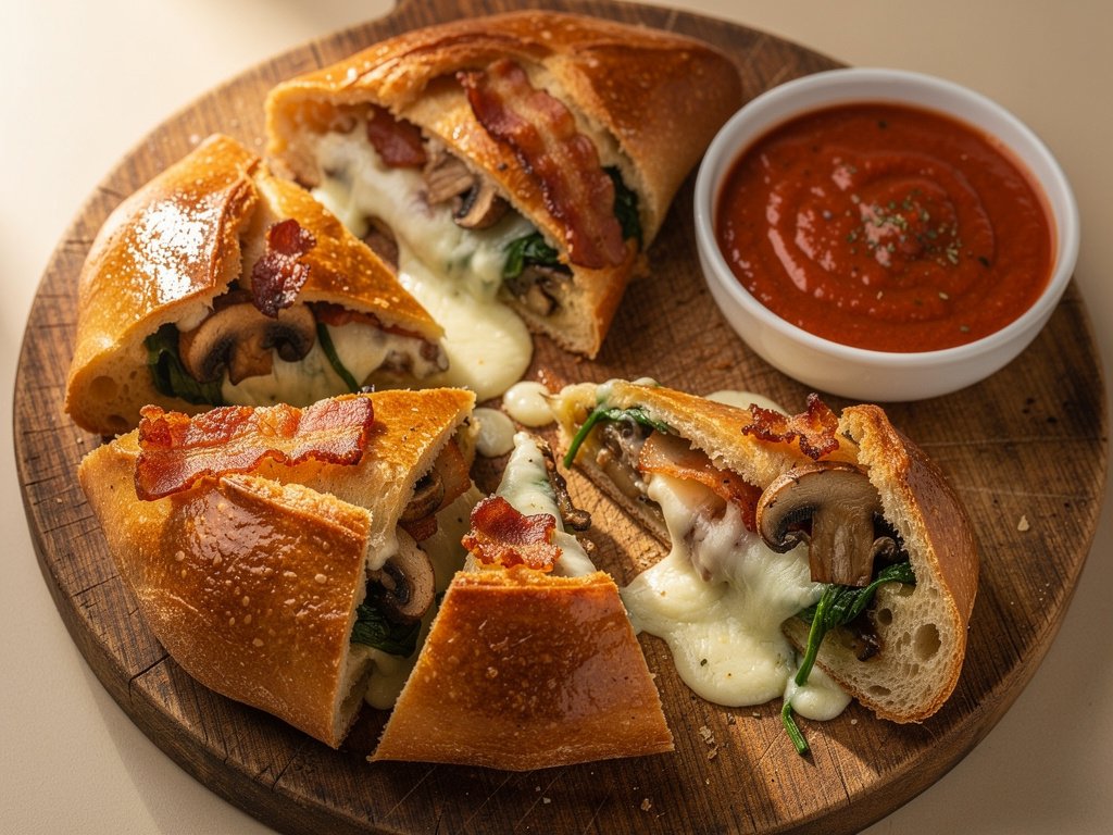 Bacon Mushroom Spinach Stromboli with Marinara Dipping Sauce