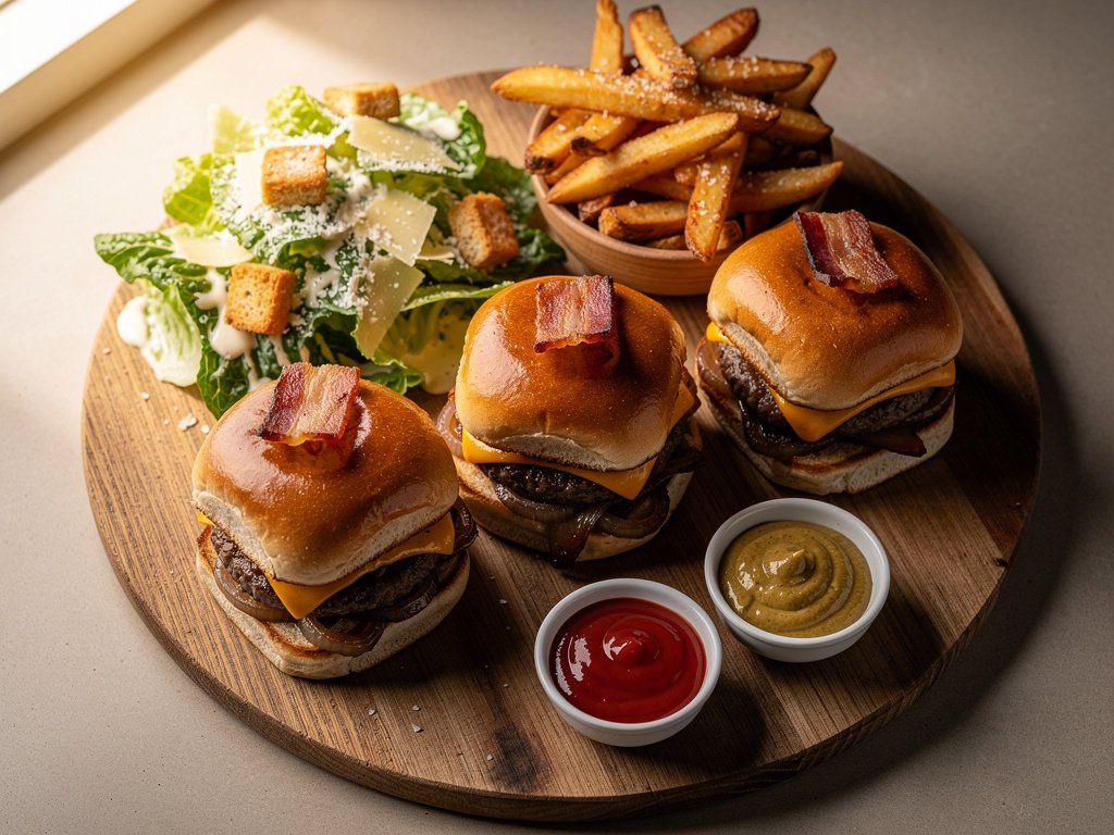 Bacon-Onion Cheeseburger Sliders with Oven Fries and Caesar Salad