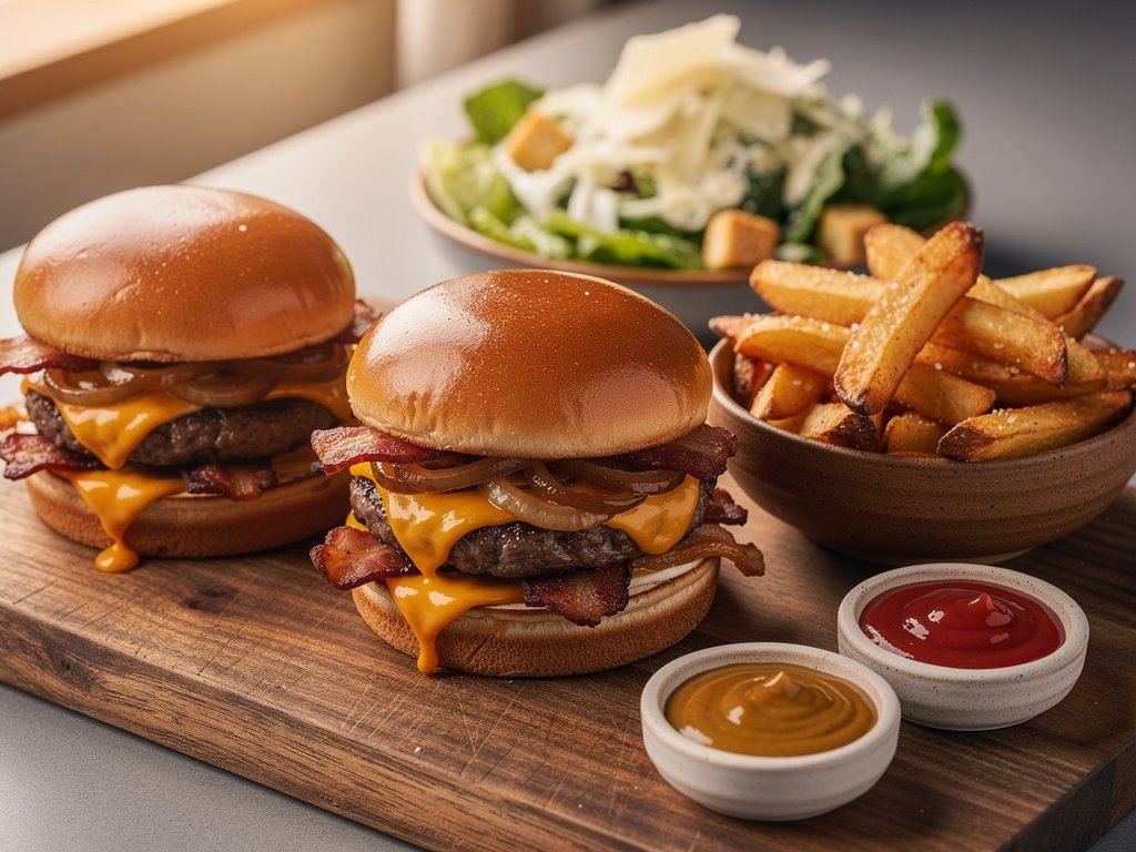Loaded Bacon-Onion Cheeseburger Sliders with Crispy Oven Fries and Caesar Salad