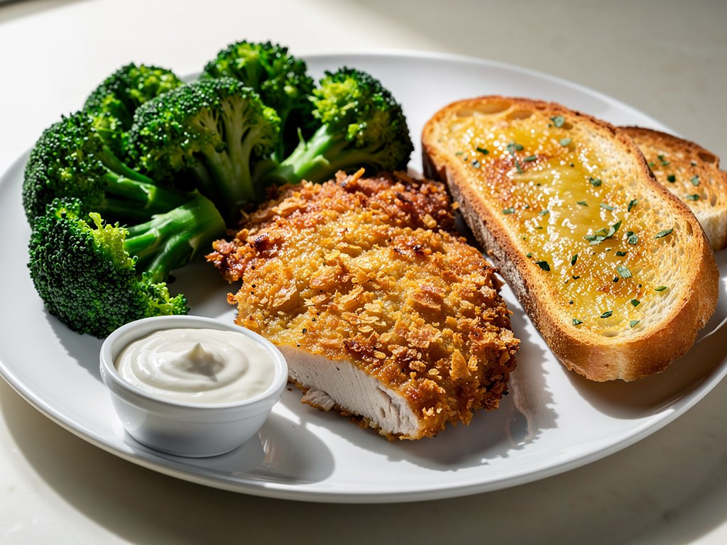 Crispy Baked Parmesan Panko Chicken with Broccoli and Garlic Bread