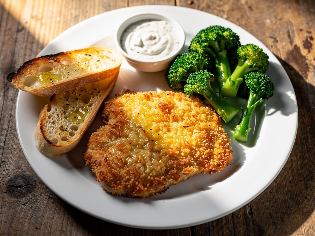 Baked Parmesan Panko Chicken with Broccoli and Garlic Bread