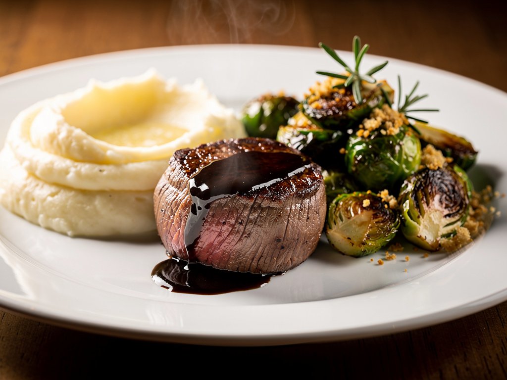 Balsamic Fig Glazed Beef Tenderloin with Garlic Mashed Potatoes and Rosemary Panko Brussels Sprouts