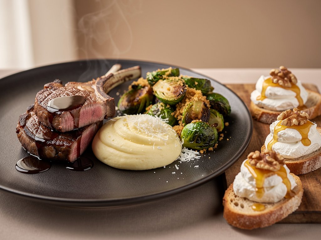 Balsamic Fig Lamb Chops with Honey Walnut Crostini and Parmesan Mashed Potatoes