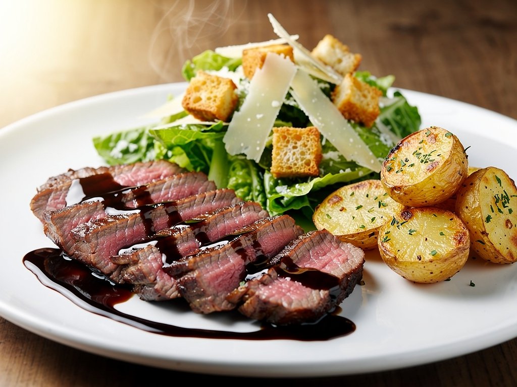 Balsamic Glazed Steak Tagliata with Caesar Salad and Garlic Herb Potatoes