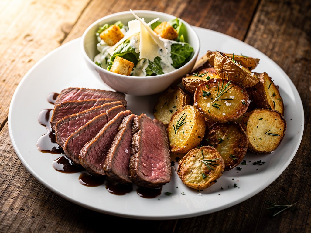 Balsamic Glazed Steak Tagliata with Garlic Herb Potatoes and Caesar Salad