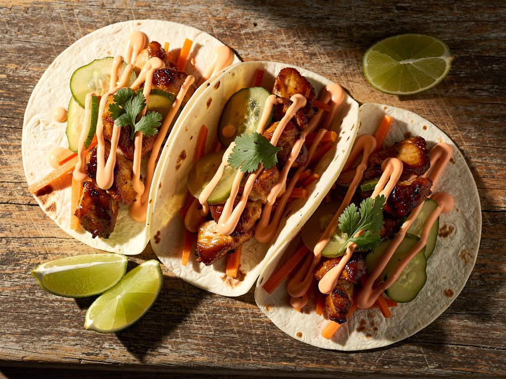 Banh Mi Chicken Tacos with Pickled Cucumber and Sriracha Mayo