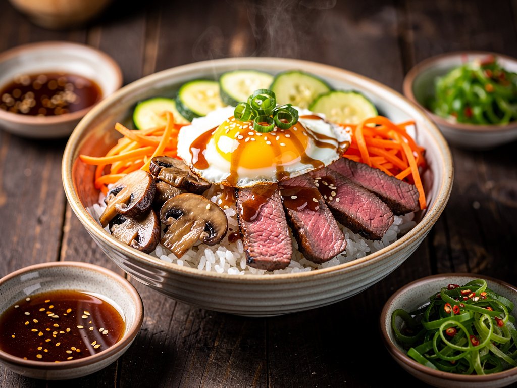 Bavette Steak Bibimbap Bowl with Zucchini, Mushrooms, and Fried Egg