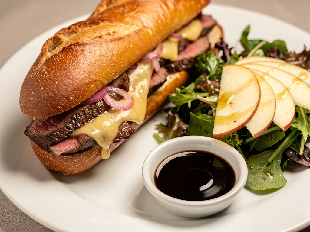 Bavette Steak and Gouda Sandwiches with Balsamic Au Jus and Apple Salad
