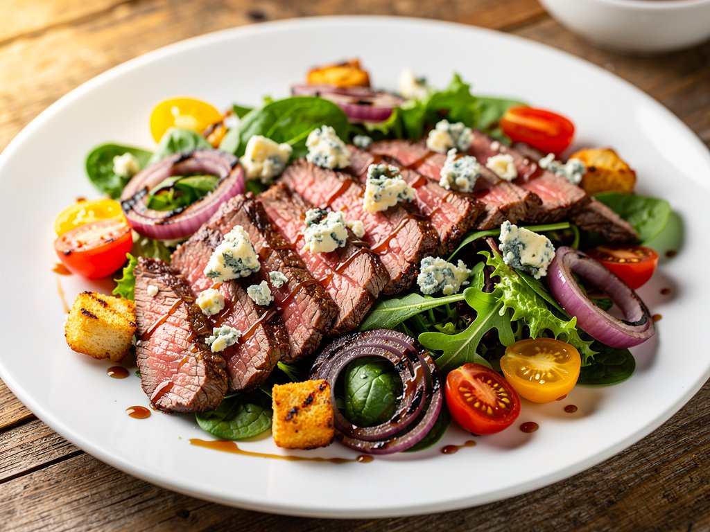 Bavette Steak Salad with Blue Cheese, Griddled Onion, and Honey-Balsamic Dressing