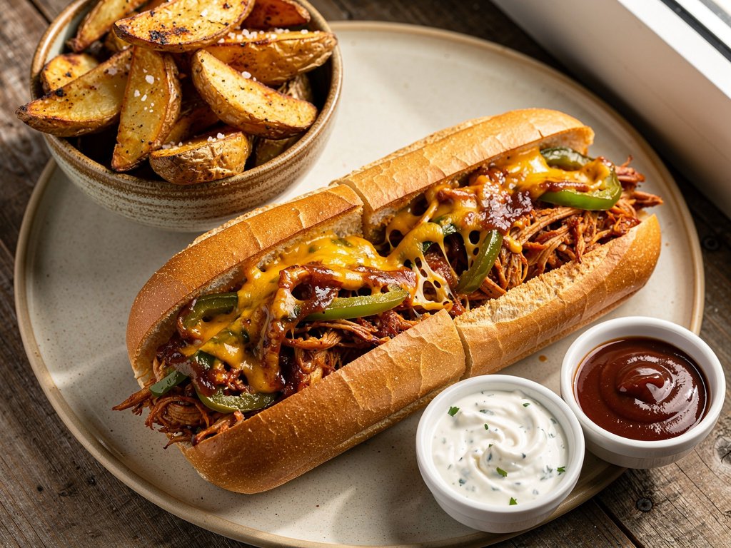 BBQ Chicken and Green Pepper Subs with Roasted Potato Wedges