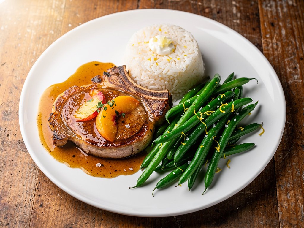 BBQ Rubbed Pork Chops with Peach Pan Sauce, Lemony Green Beans, and Garlic Rice