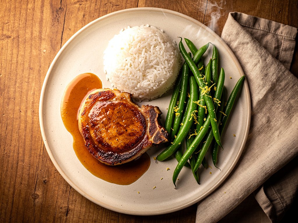 BBQ Rubbed Pork Chops with Peach Pan Sauce, Lemon Green Beans & Garlic Rice