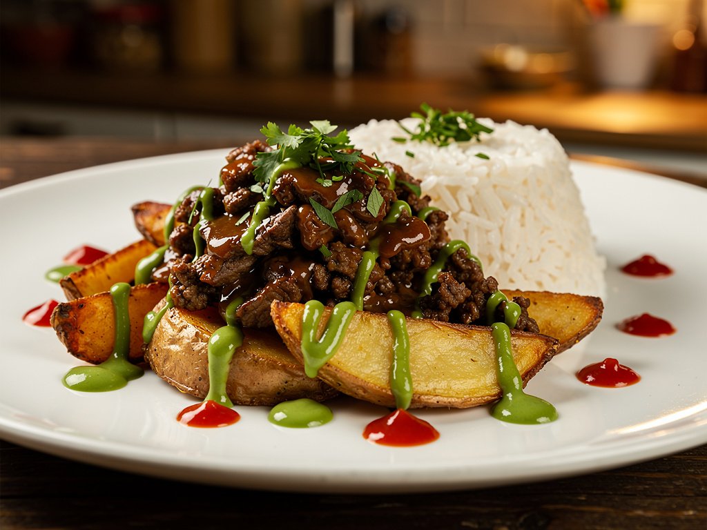 Peruvian-Inspired Beef Lomo Saltado with Chimichurri Mayo and Crispy Potatoes