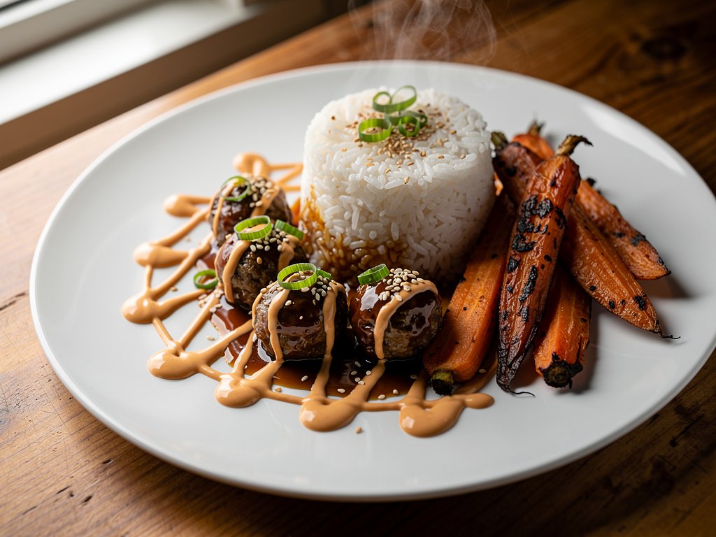 Savory Beef Meatballs with Ginger Glaze and Roasted Carrots