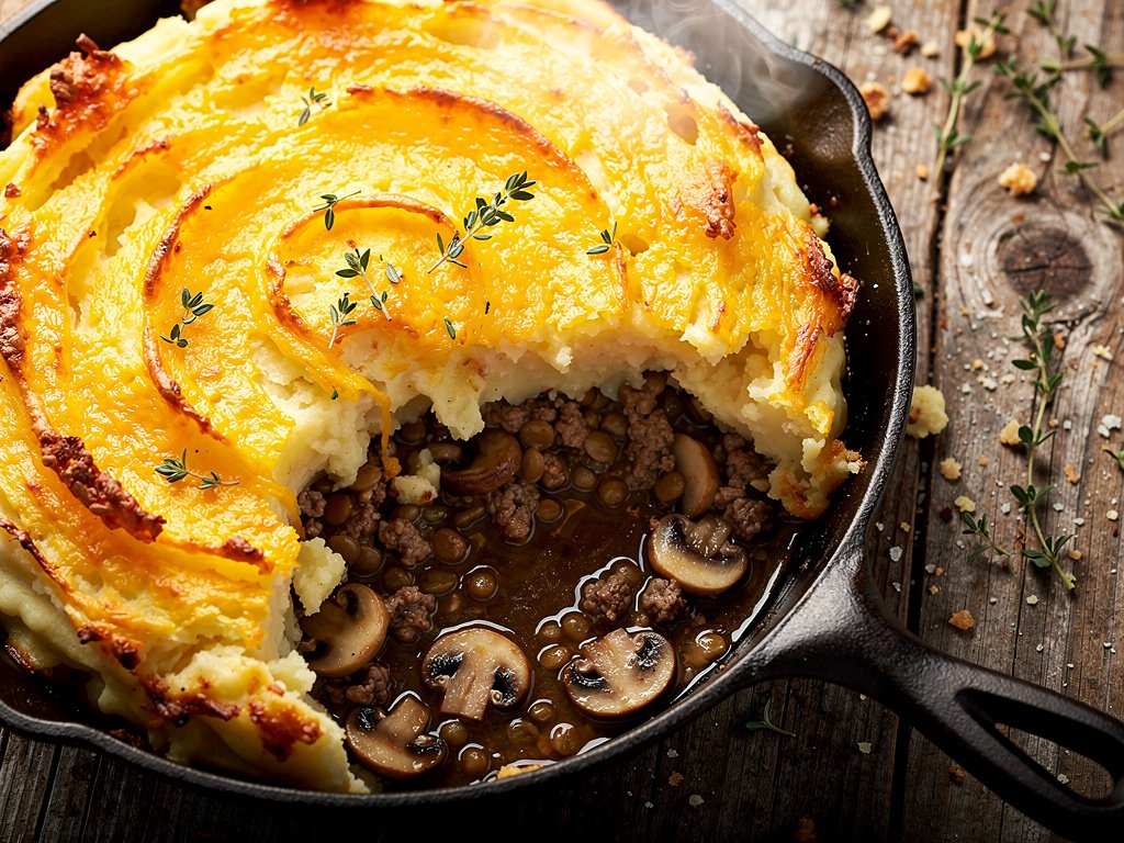 Hearty Beef, Mushroom & Lentil Shepherd's Pie with Cheddar Mashed Potatoes