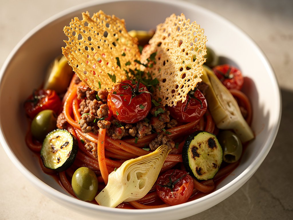 Beef and Sun-Dried Tomato Pasta with Parmesan Crisps