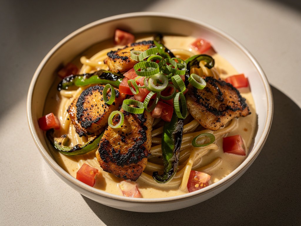 Blackened Chicken Pasta with Charred Green Pepper and Monterey Jack