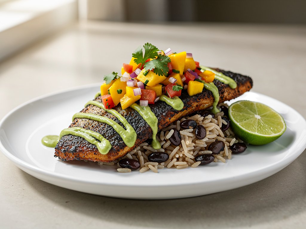 Blackened Sea Bass with Mango Salsa and Creamy Guac Sauce