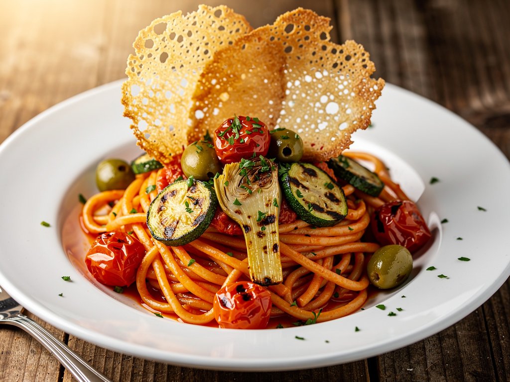 Blistered Tomato & Zucchini Linguine with Bacon and Parmesan Crisps
