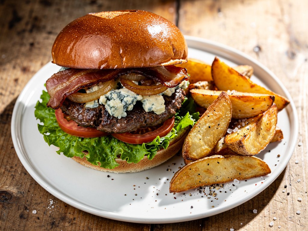 Blue Cheese Bacon Burgers with Caramelized Onion and Potato Wedges