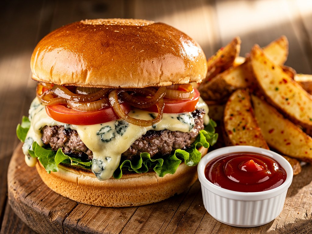 Blue Cheese Burgers with Caramelized Onion and Potato Wedges