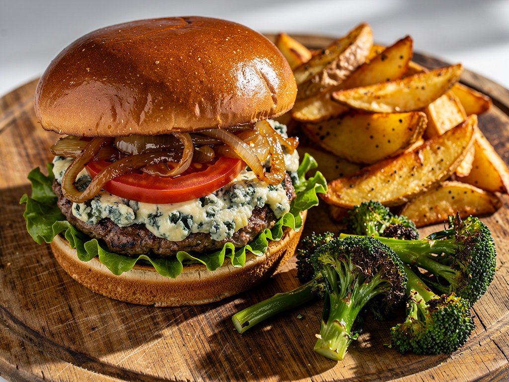 Blue Cheese Burgers with Caramelized Onion and Roasted Broccoli