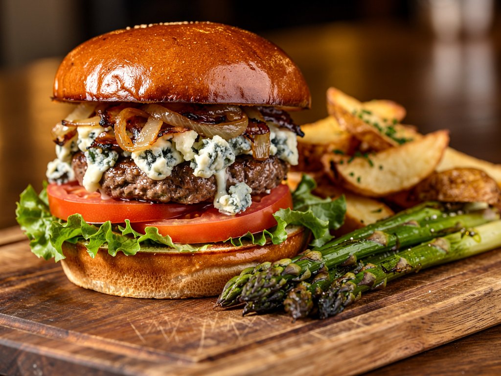 Blue Cheese Burgers with Caramelized Onions and Potato Wedges