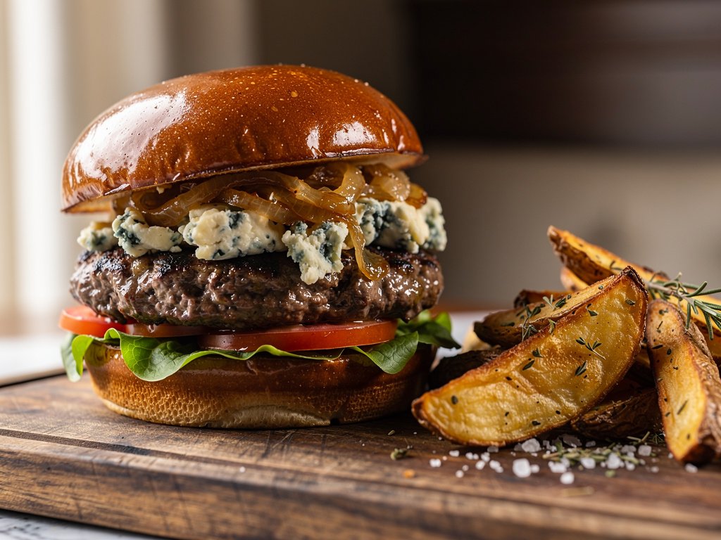 Blue Cheese and Caramelized Onion Burgers with Roasted Potato Wedges