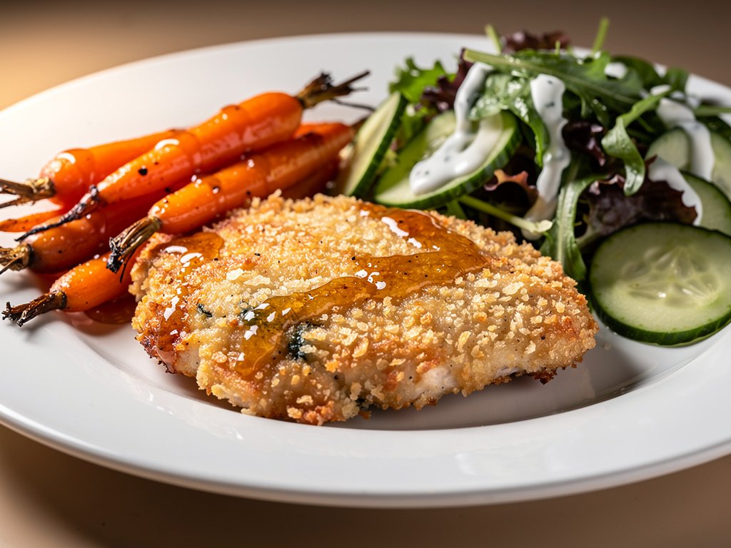 Blue Cheese Panko Chicken with Hot Honey Carrots and Ranch Salad