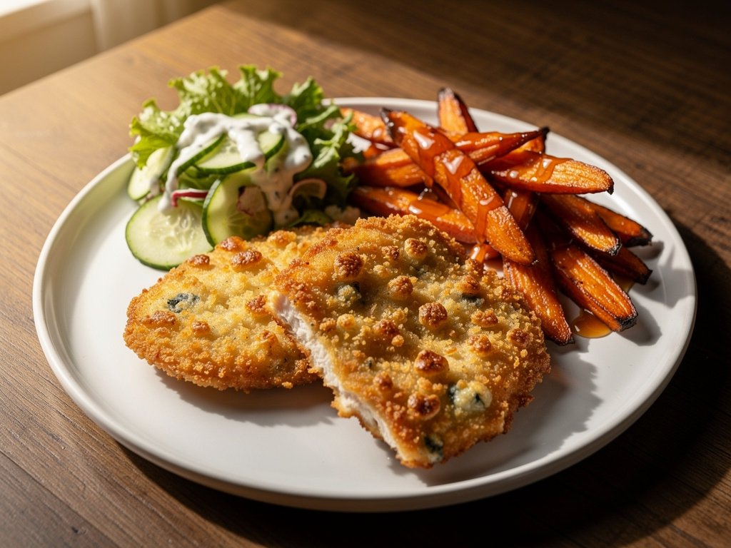 Blue Cheese Panko Chicken with Hot Honey Carrots and Ranch Salad