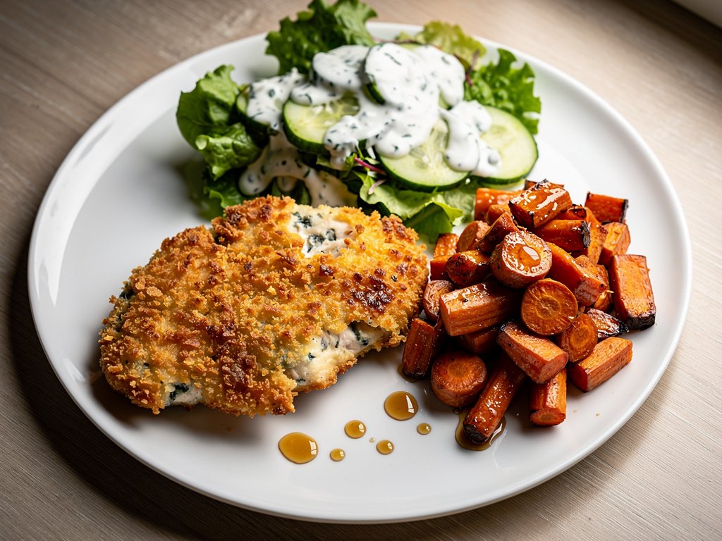 Blue Cheese Panko Crusted Chicken with Hot Honey Carrots and Ranch Salad